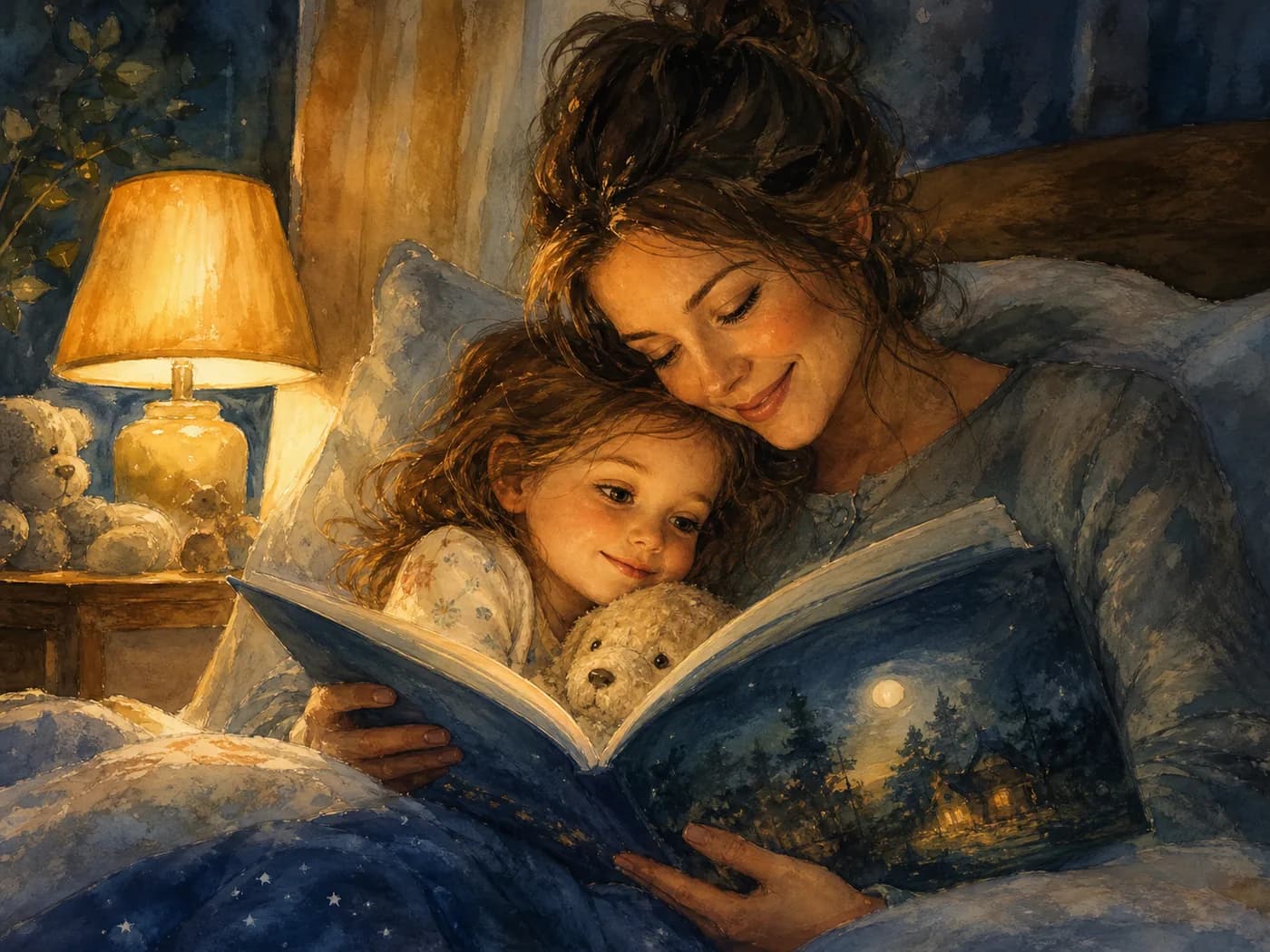 Uma mãe e sua filha compartilham uma história antes de dormir
